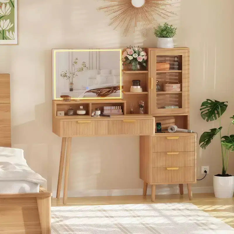 Scrivania da trucco scanalata con specchio HD e luci - Moderna toletta in legno con ripiani regolabili, 5 cassetti per camera da letto, Rovere Naturale