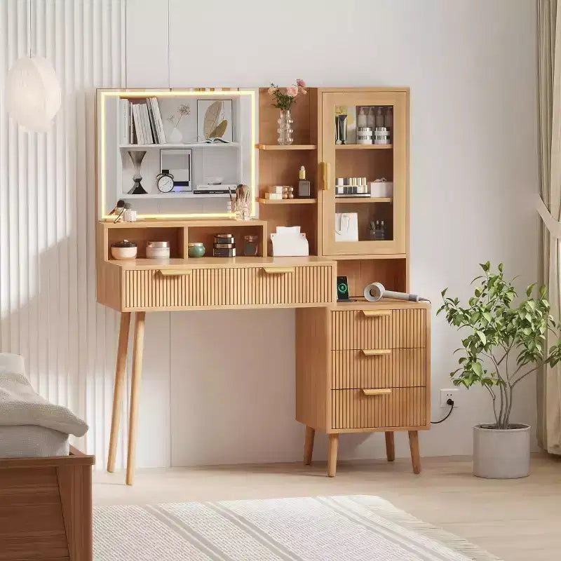 Scrivania da trucco scanalata con specchio HD e luci - Moderna toletta in legno con ripiani regolabili, 5 cassetti per camera da letto, Rovere Naturale