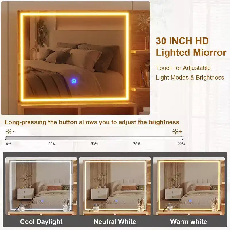 Scrivania da trucco scanalata con specchio HD e luci - Moderna toletta in legno con ripiani regolabili, 5 cassetti per camera da letto, Rovere Naturale