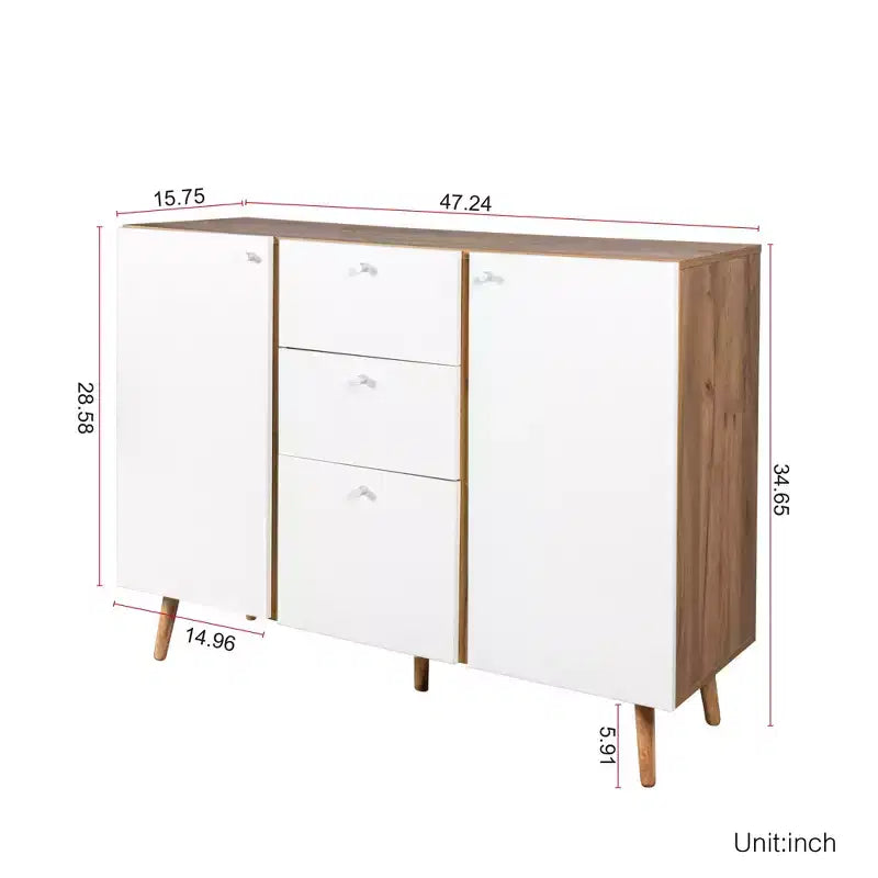 Mobile buffet da fattoria con 3 cassetti portaoggetti, 2 ante, mobile contenitore con ripiani regolabili per sala da pranzo, bianco