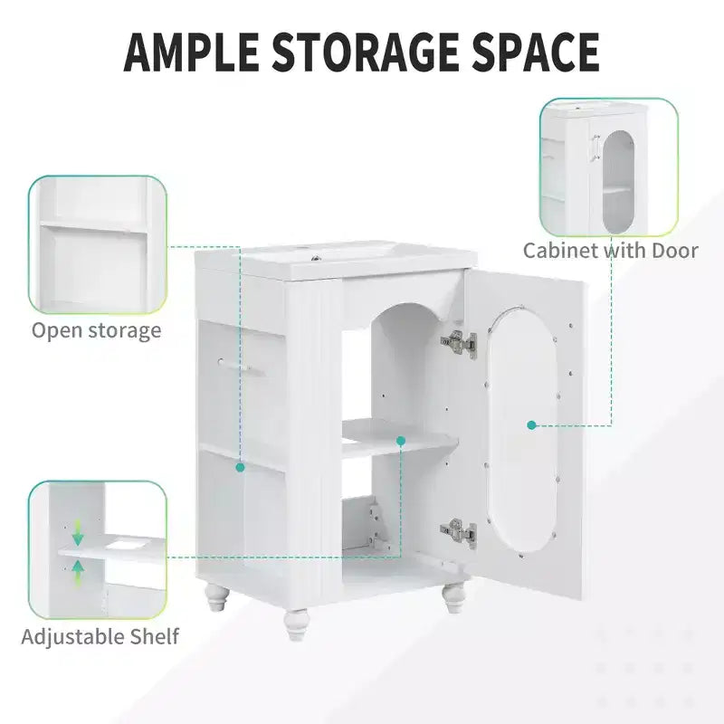 Mobile bagno con lavabo da 20 pollici con contenitore, Mobiletto da bagno a pavimento con ripiano regolabile