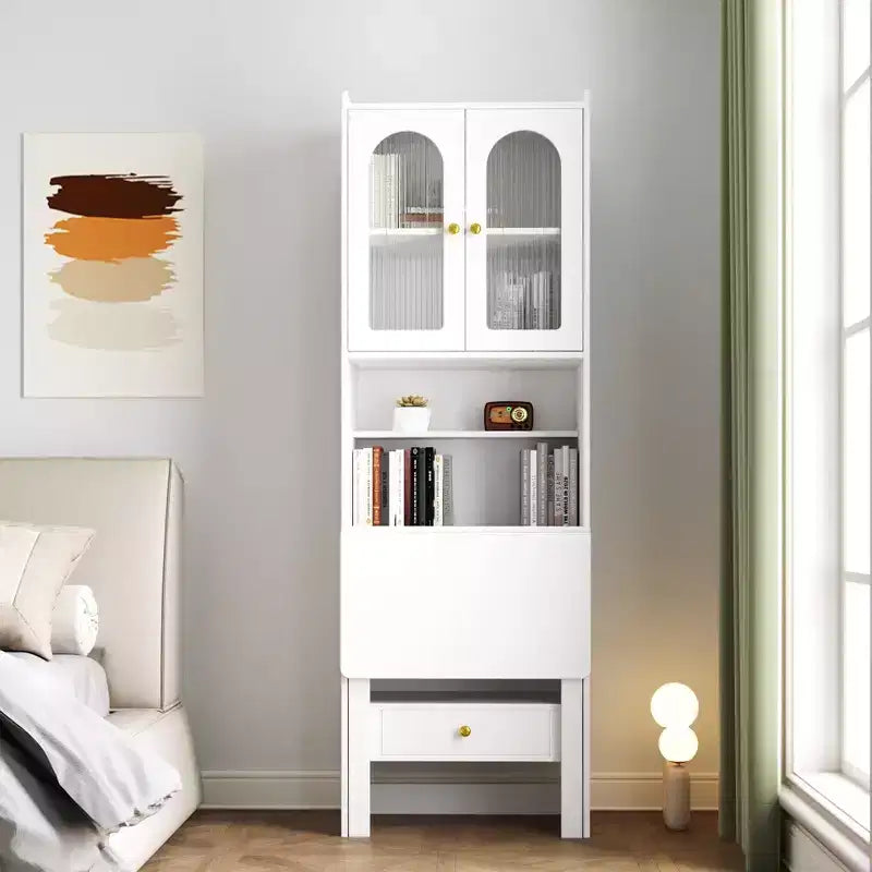 Tavolo da scrittura convertibile pieghevole, mobile scrivania con mensola e cassetto, workstation multi-funzione per ufficio domestico, bianco 60*35*180 cm