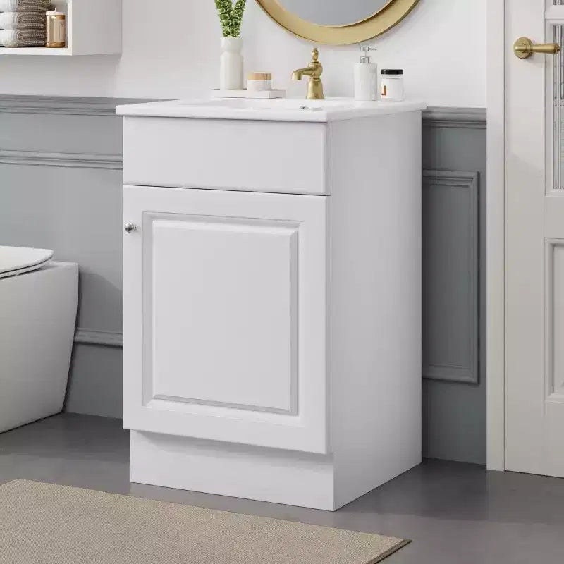 Mobile bagno con lavabo, mobiletto indipendente con lavabo singolo e ripiano portaoggetti, mobiletto da bagno in legno massello con lavabo in ceramica