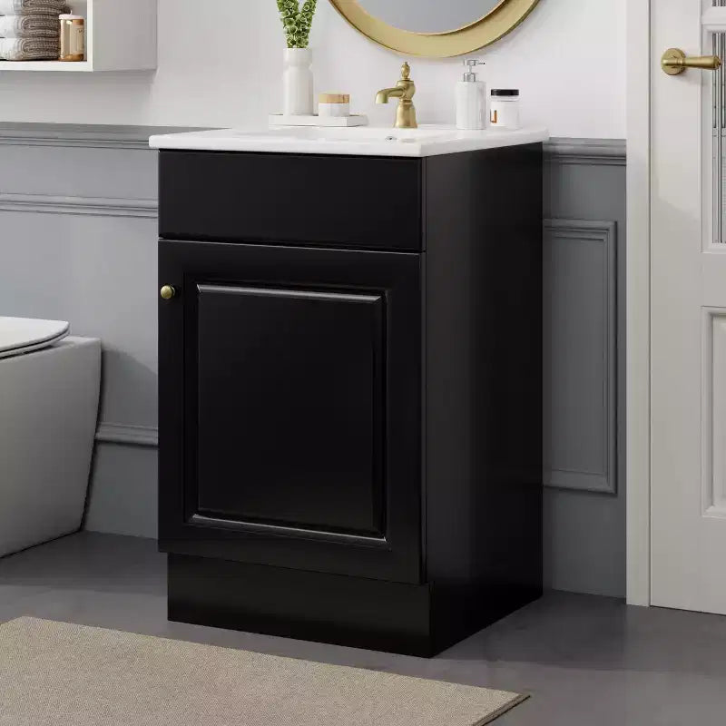Mobile bagno con lavabo, mobiletto indipendente con lavabo singolo e ripiano portaoggetti, mobiletto da bagno in legno massello con lavabo in ceramica