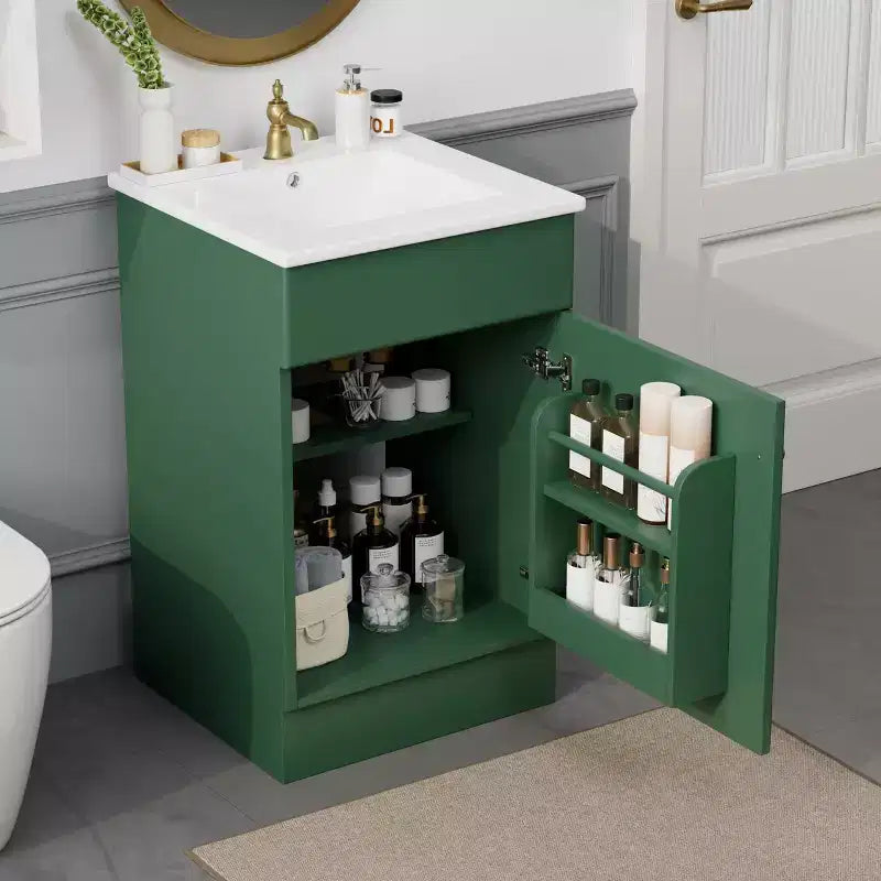 Mobile bagno con lavabo, mobiletto indipendente con lavabo singolo e ripiano portaoggetti, mobiletto da bagno in legno massello con lavabo in ceramica