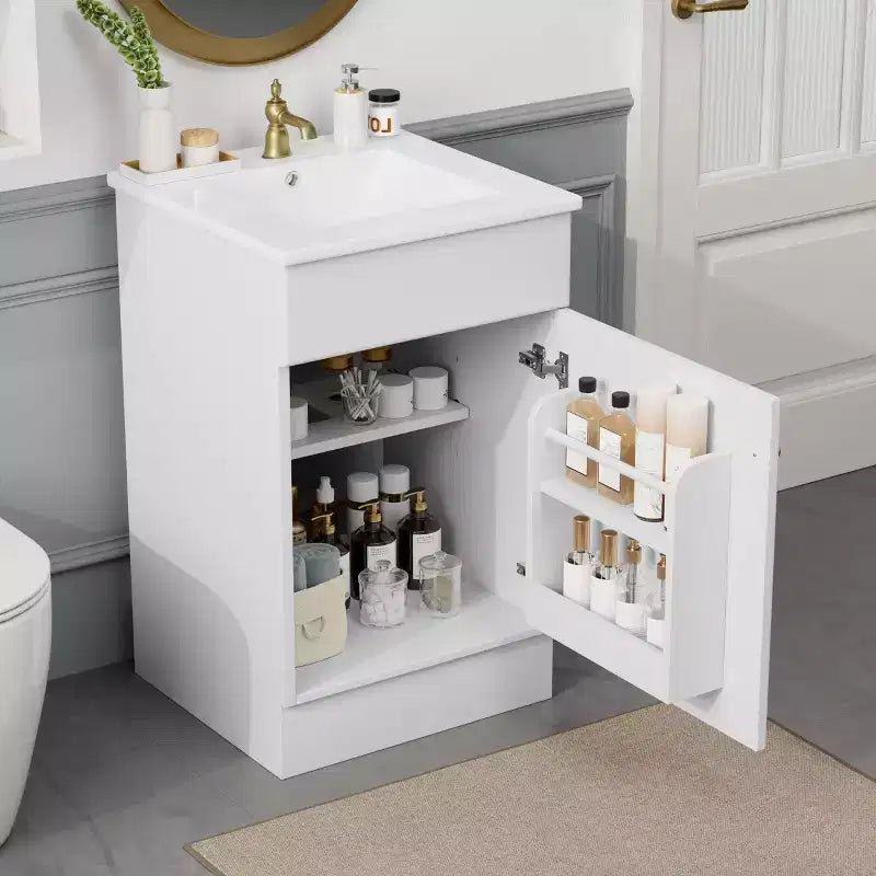 Mobile bagno con lavabo, mobiletto indipendente con lavabo singolo e ripiano portaoggetti, mobiletto da bagno in legno massello con lavabo in ceramica