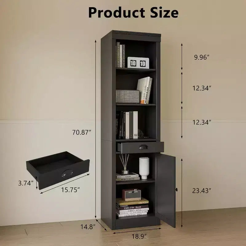 Libreria alta 71 con cassetto e ante - Mobile contenitore a 3 ripiani regolabili per soggiorno, ufficio, camera da letto, nero