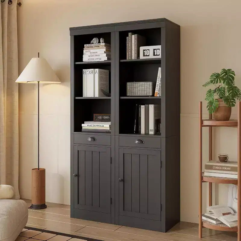 Libreria alta 71 con cassetto e ante - Mobile contenitore a 3 ripiani regolabili per soggiorno, ufficio, camera da letto, nero