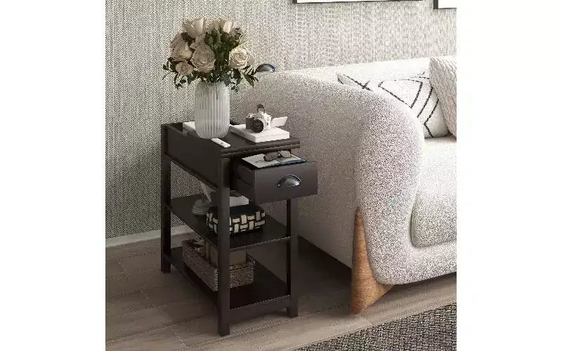 TUYOHW Tavolino d'appoggio retrò stretto con mobiletto aperto a 180°, comodino per camera da letto con ripiano inferiore, tavolino finale robusto in MDF per soggiorno