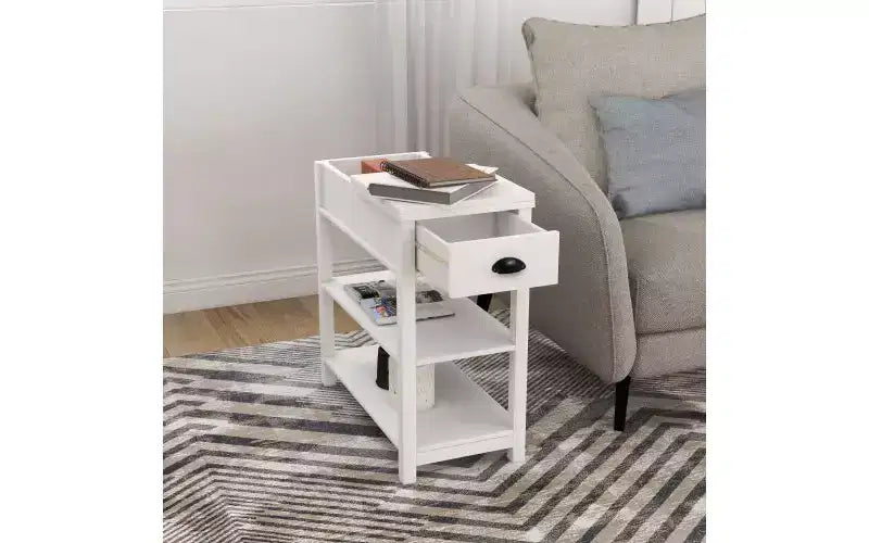 TUYOHW Tavolino d'appoggio retrò stretto con mobiletto aperto a 180°, comodino per camera da letto con ripiano inferiore, tavolino finale robusto in MDF per soggiorno