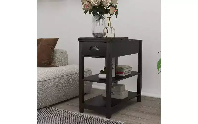 TUYOHW Retro Narrow Side Table with 180 Open Storage Cabinet, Bedroom Nightstand with Bottom Shelf, Sturdy MDF End Table for Living Room