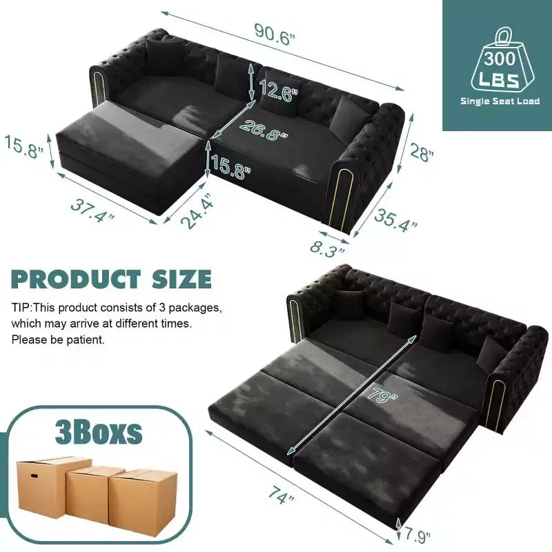 Divano letto moderno 3 in 1 convertibile con pouf e cuscini, divano reclinabile in velluto per soggiorno, camera degli ospiti o salotto - Panipeachy