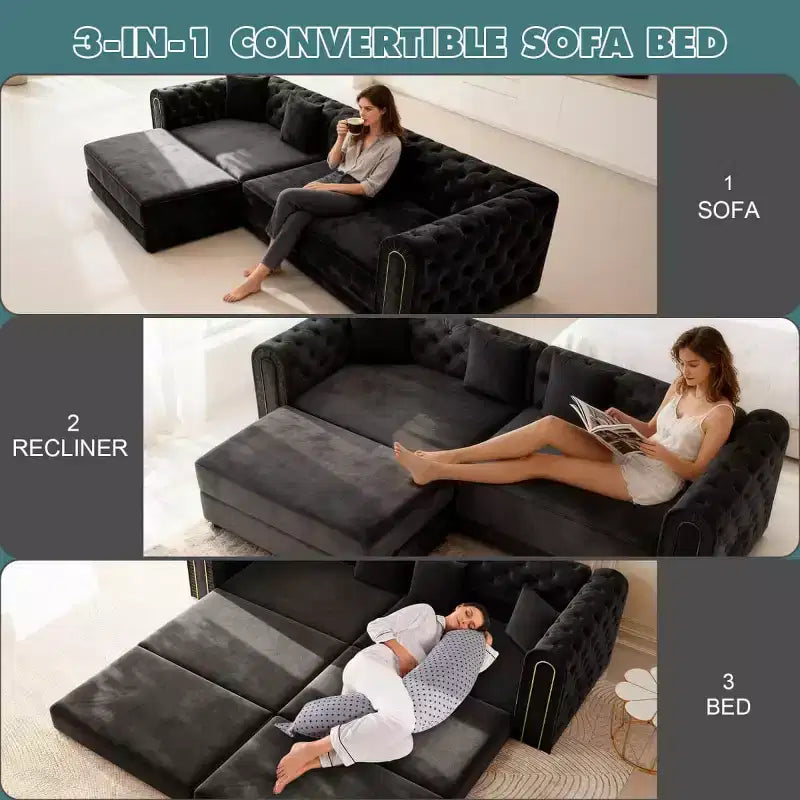 Divano letto moderno 3 in 1 convertibile con pouf e cuscini, divano reclinabile in velluto per soggiorno, camera degli ospiti o salotto - Panipeachy