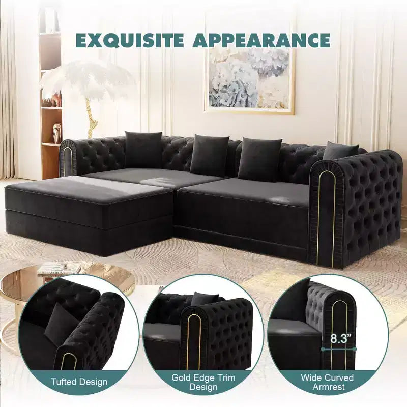 Divano letto moderno 3 in 1 convertibile con pouf e cuscini, divano reclinabile in velluto per soggiorno, camera degli ospiti o salotto - Panipeachy