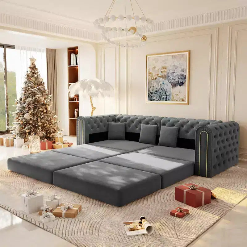 Divano letto moderno 3 in 1 convertibile con pouf e cuscini, divano reclinabile in velluto per soggiorno, camera degli ospiti o salotto - Panipeachy