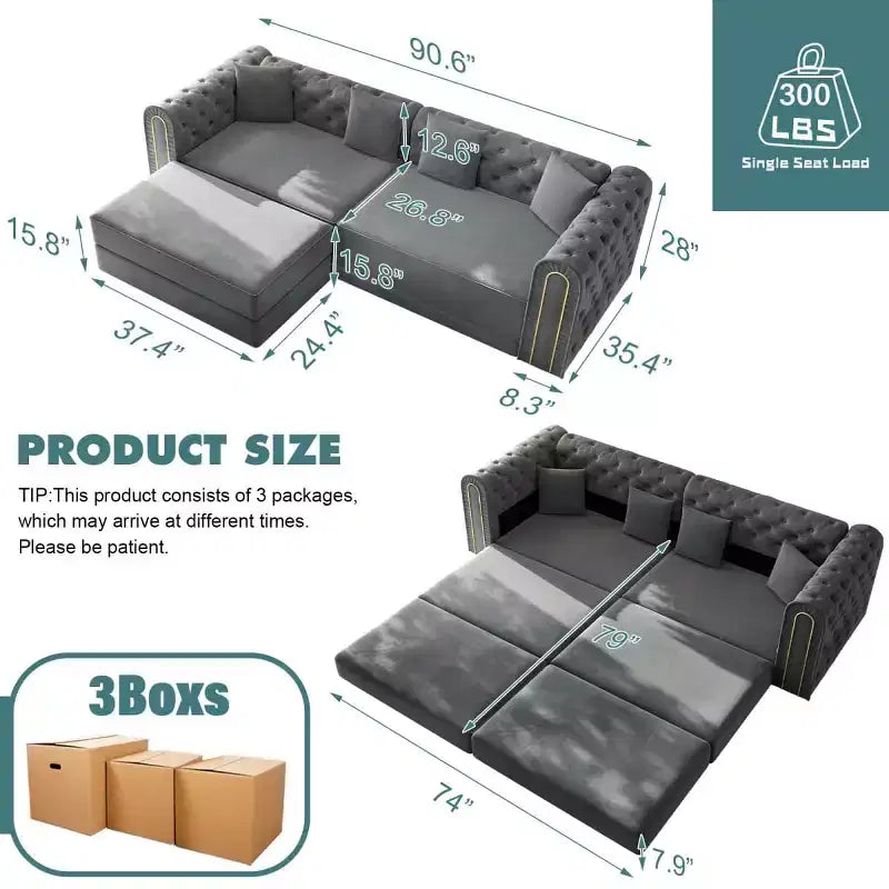 Divano letto moderno 3 in 1 convertibile con pouf e cuscini, divano reclinabile in velluto per soggiorno, camera degli ospiti o salotto - Panipeachy