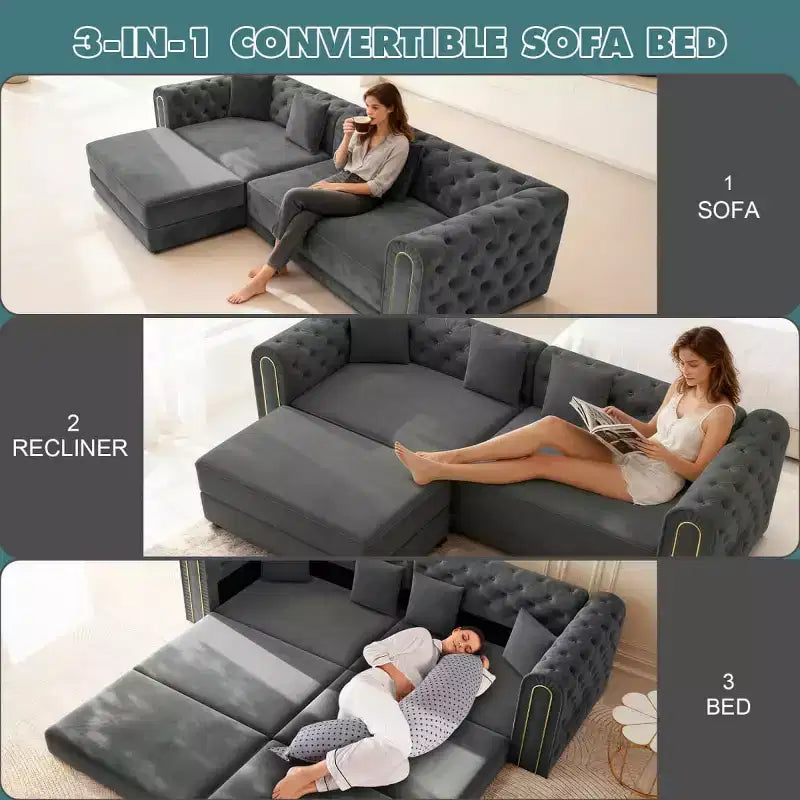Divano letto moderno 3 in 1 convertibile con pouf e cuscini, divano reclinabile in velluto per soggiorno, camera degli ospiti o salotto - Panipeachy
