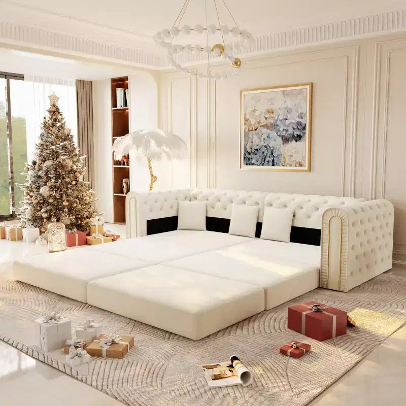 Divano letto moderno 3 in 1 convertibile con pouf e cuscini, divano reclinabile in velluto per soggiorno, camera degli ospiti o salotto - Panipeachy