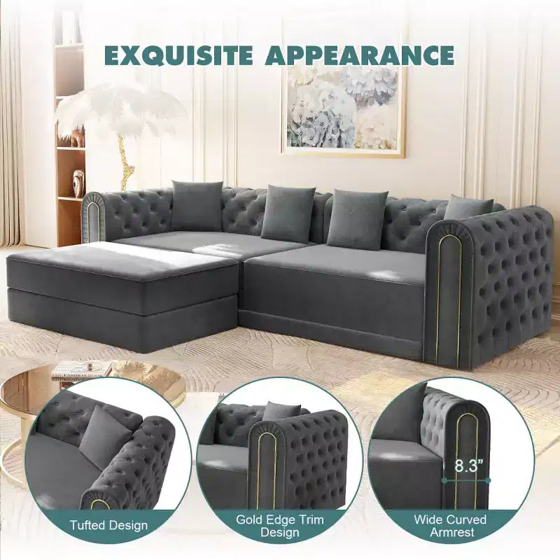 Divano letto moderno 3 in 1 convertibile con pouf e cuscini, divano reclinabile in velluto per soggiorno, camera degli ospiti o salotto - Panipeachy