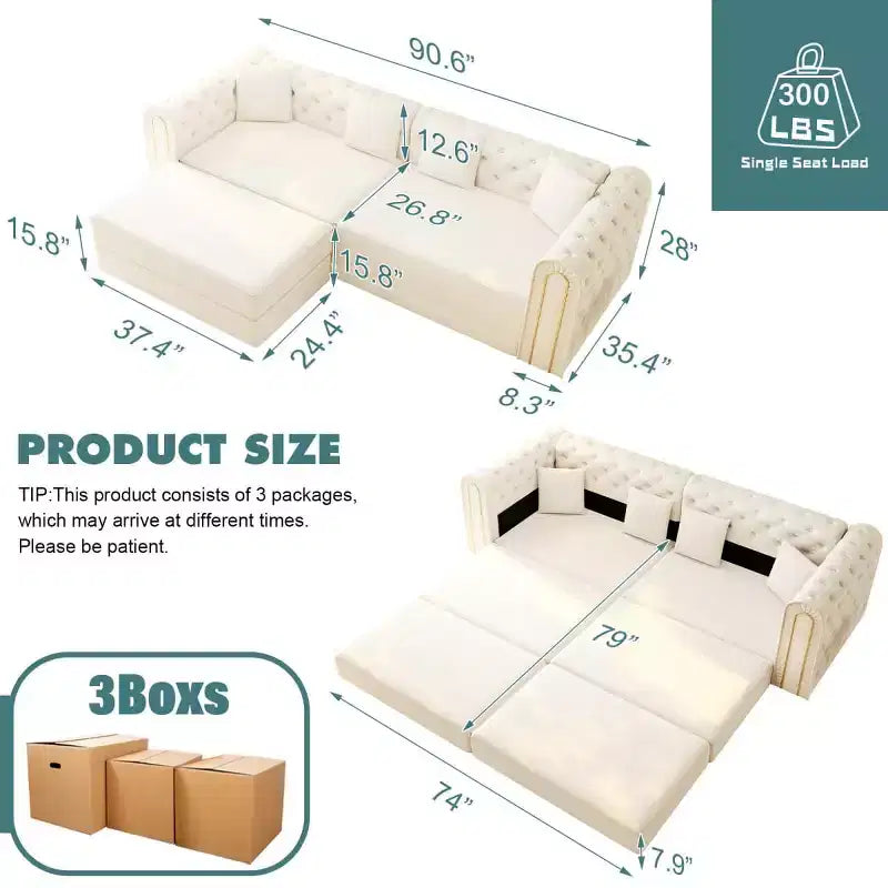 Divano letto moderno 3 in 1 convertibile con pouf e cuscini, divano reclinabile in velluto per soggiorno, camera degli ospiti o salotto - Panipeachy