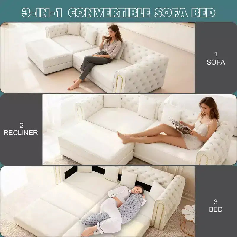 Divano letto moderno 3 in 1 convertibile con pouf e cuscini, divano reclinabile in velluto per soggiorno, camera degli ospiti o salotto - Panipeachy