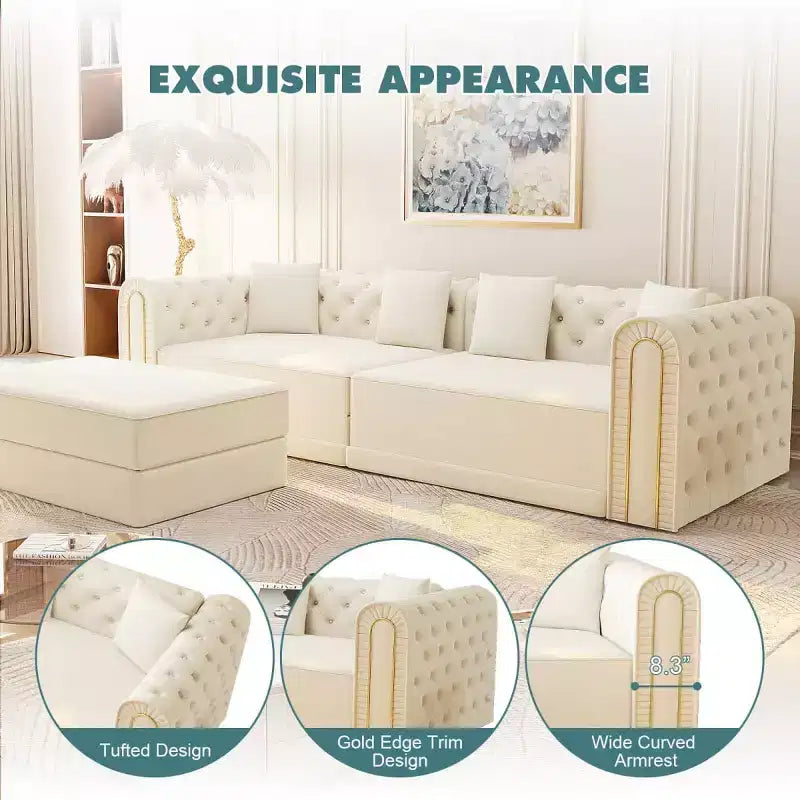 Divano letto moderno 3 in 1 convertibile con pouf e cuscini, divano reclinabile in velluto per soggiorno, camera degli ospiti o salotto - Panipeachy