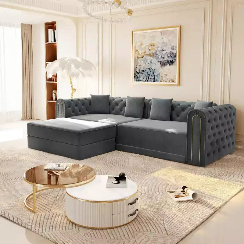 Divano letto moderno 3 in 1 convertibile con pouf e cuscini, divano reclinabile in velluto per soggiorno, camera degli ospiti o salotto - Panipeachy