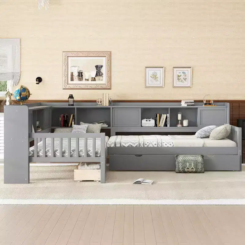 Letto a piattaforma a forma di L, piazza e mezza, con letto estraibile, letto a piattaforma in legno massello con cassetti e ripiani portaoggetti, nessuna molla necessaria, grigio