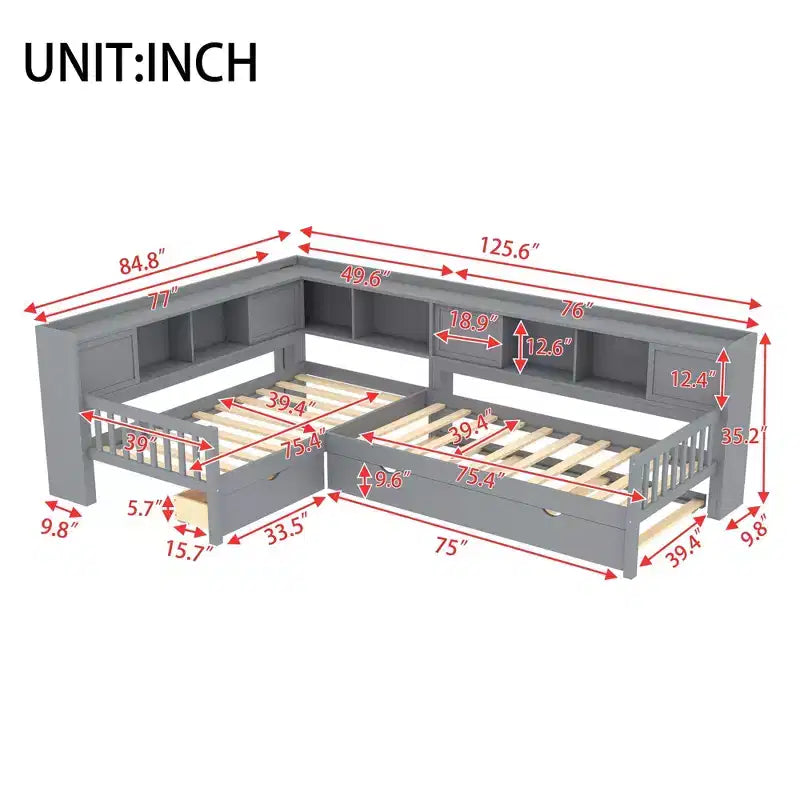 Letto a piattaforma a forma di L, piazza e mezza, con letto estraibile, letto a piattaforma in legno massello con cassetti e ripiani portaoggetti, nessuna molla necessaria, grigio