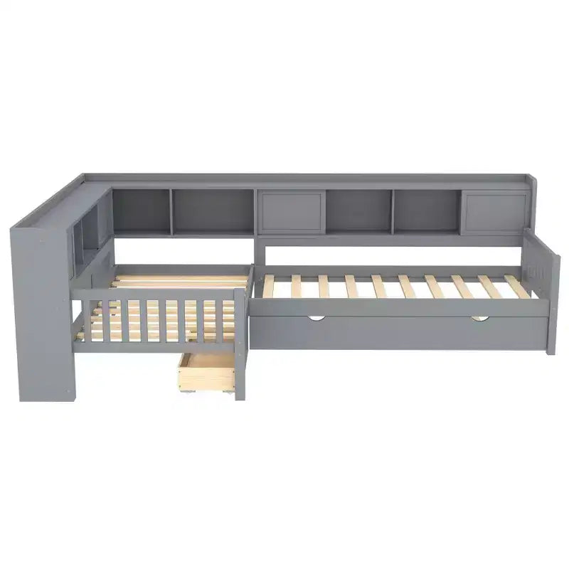 Letto a piattaforma a forma di L, piazza e mezza, con letto estraibile, letto a piattaforma in legno massello con cassetti e ripiani portaoggetti, nessuna molla necessaria, grigio