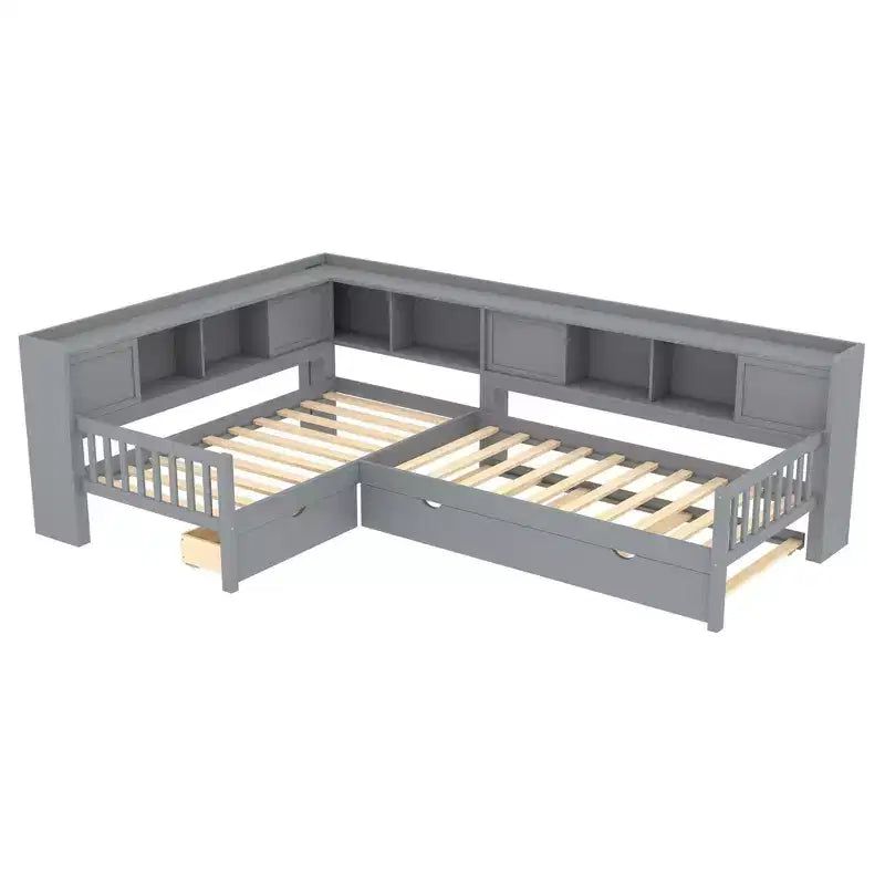 Letto a piattaforma a forma di L, piazza e mezza, con letto estraibile, letto a piattaforma in legno massello con cassetti e ripiani portaoggetti, nessuna molla necessaria, grigio
