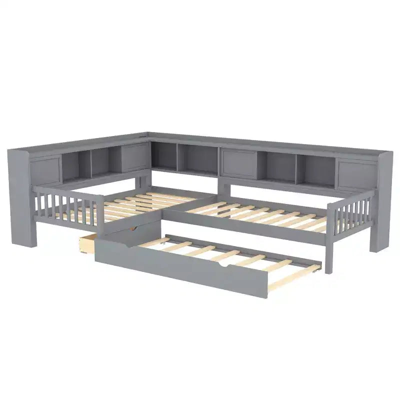 Letto a piattaforma a forma di L, piazza e mezza, con letto estraibile, letto a piattaforma in legno massello con cassetti e ripiani portaoggetti, nessuna molla necessaria, grigio