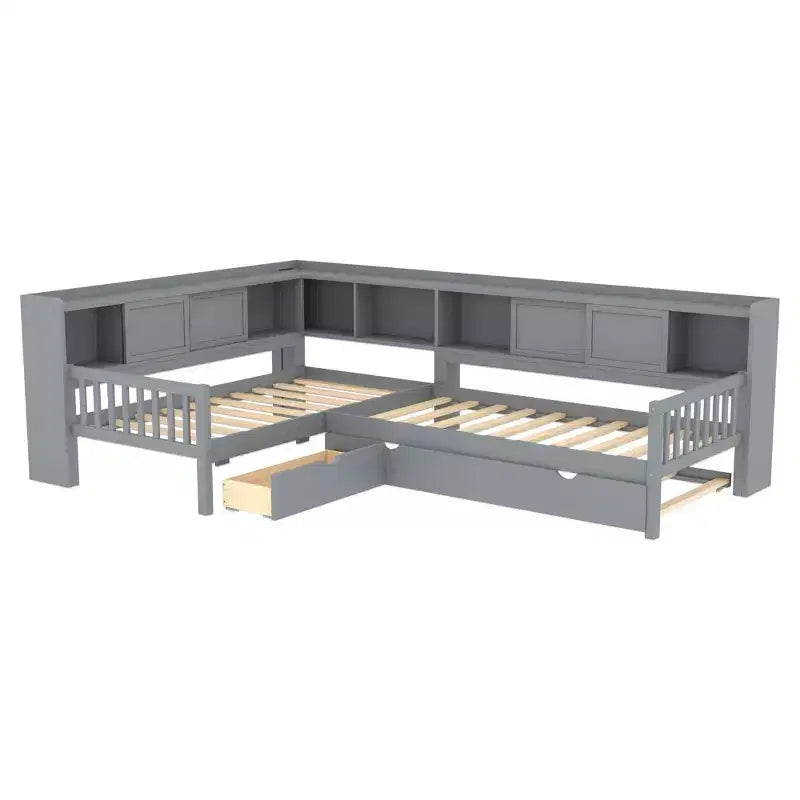 Letto a piattaforma a forma di L, piazza e mezza, con letto estraibile, letto a piattaforma in legno massello con cassetti e ripiani portaoggetti, nessuna molla necessaria, grigio