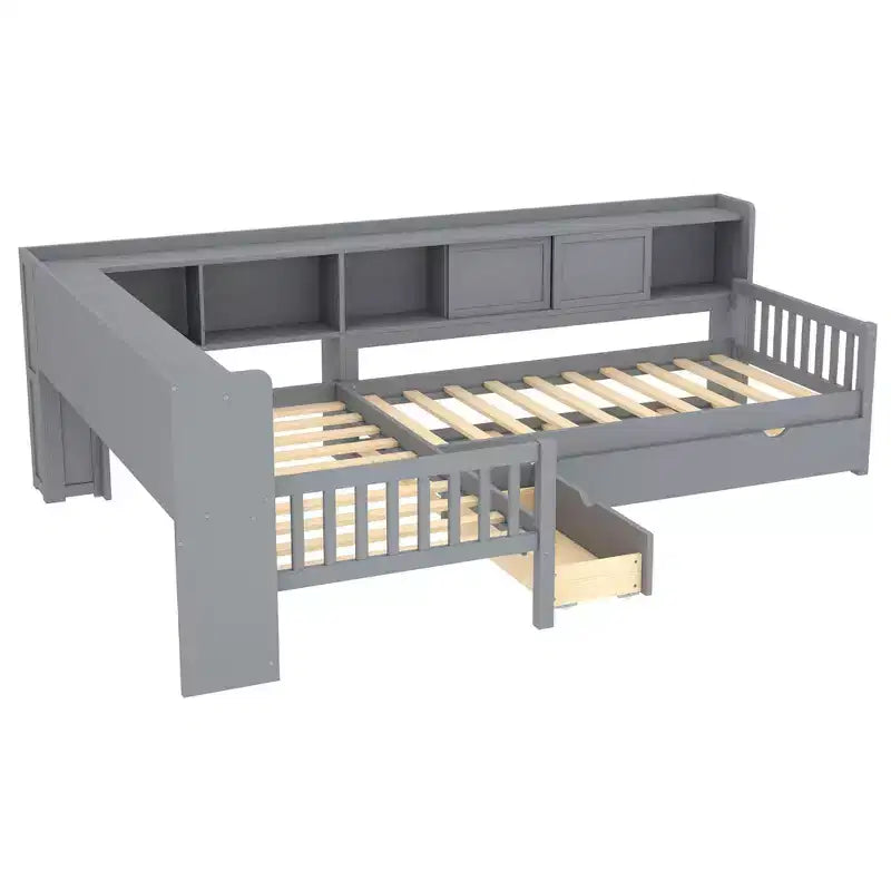 Letto a piattaforma a forma di L, piazza e mezza, con letto estraibile, letto a piattaforma in legno massello con cassetti e ripiani portaoggetti, nessuna molla necessaria, grigio