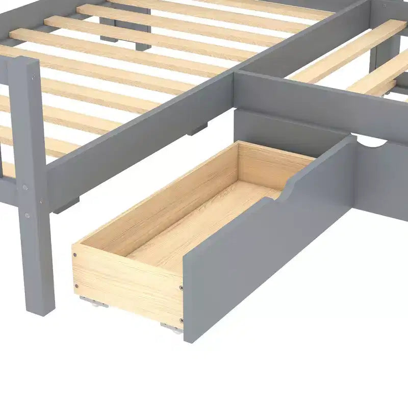 Letto a piattaforma a forma di L, piazza e mezza, con letto estraibile, letto a piattaforma in legno massello con cassetti e ripiani portaoggetti, nessuna molla necessaria, grigio