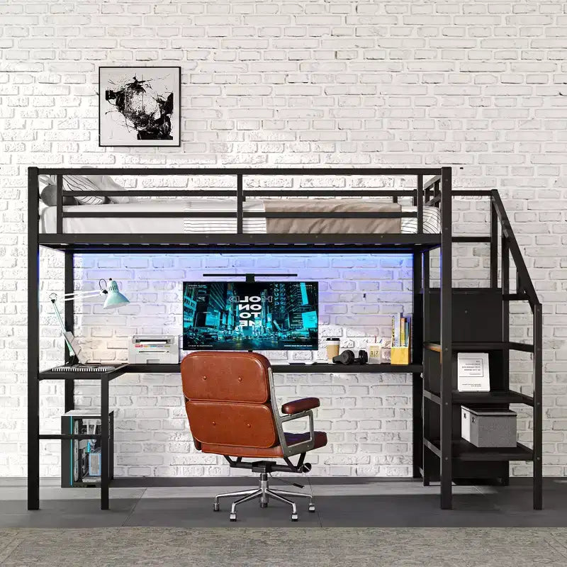 Letto a soppalco full size con scrivania a L e USB, letto a soppalco in metallo con armadio e ripiano regolabile, letto a soppalco alto con LED per bambini, adolescenti, adulti, nero
