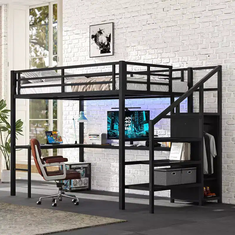 Letto a soppalco full size con scrivania a L e USB, letto a soppalco in metallo con armadio e ripiano regolabile, letto a soppalco alto con LED per bambini, adolescenti, adulti, nero