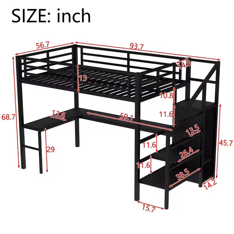Letto a soppalco full size con scrivania a L e USB, letto a soppalco in metallo con armadio e ripiano regolabile, letto a soppalco alto con LED per bambini, adolescenti, adulti, nero