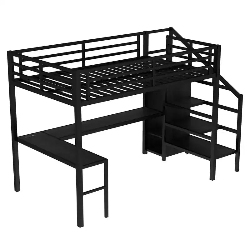 Letto a soppalco full size con scrivania a L e USB, letto a soppalco in metallo con armadio e ripiano regolabile, letto a soppalco alto con LED per bambini, adolescenti, adulti, nero