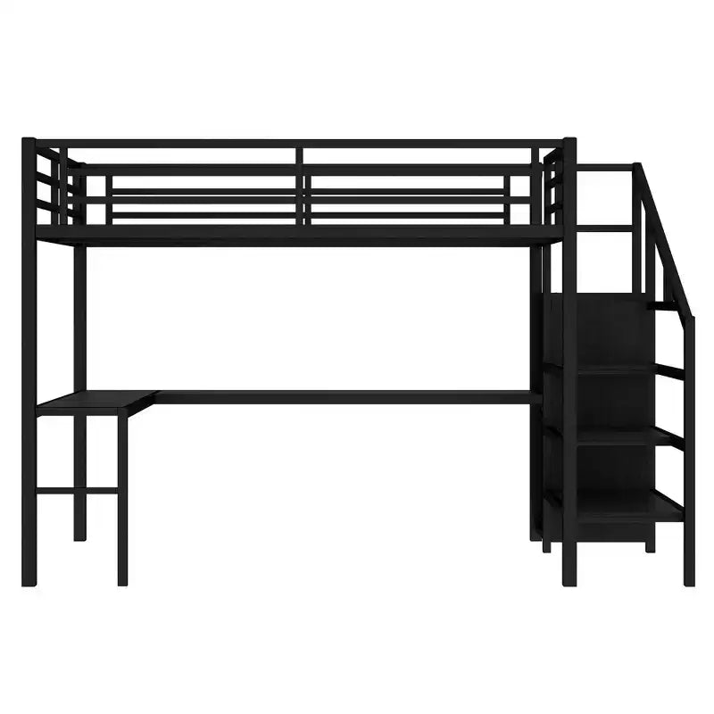 Letto a soppalco full size con scrivania a L e USB, letto a soppalco in metallo con armadio e ripiano regolabile, letto a soppalco alto con LED per bambini, adolescenti, adulti, nero