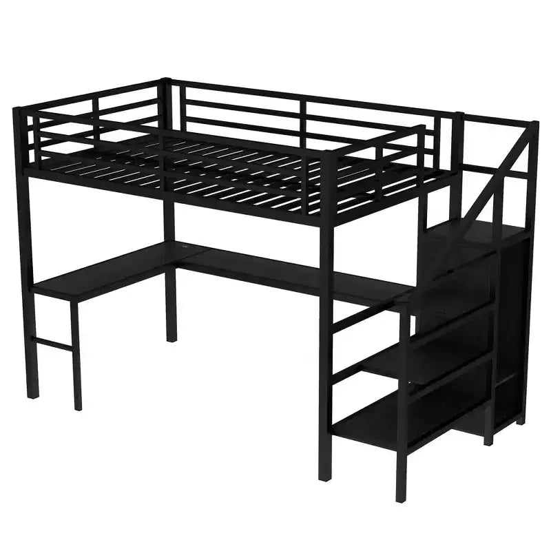 Letto a soppalco full size con scrivania a L e USB, letto a soppalco in metallo con armadio e ripiano regolabile, letto a soppalco alto con LED per bambini, adolescenti, adulti, nero