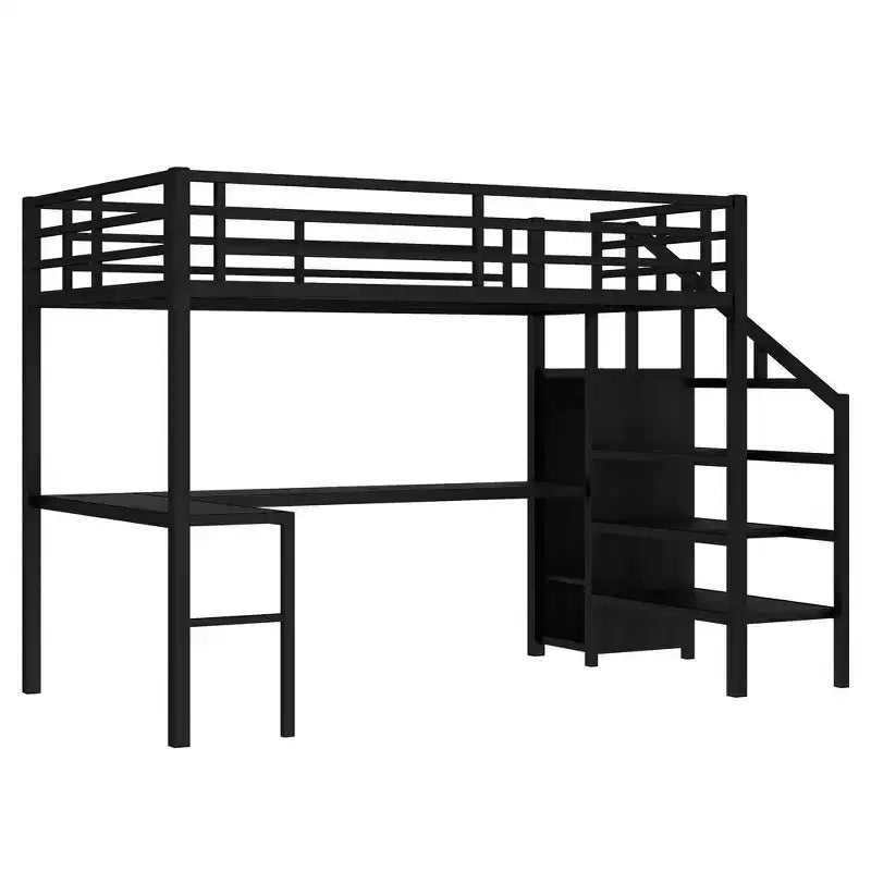 Letto a soppalco full size con scrivania a L e USB, letto a soppalco in metallo con armadio e ripiano regolabile, letto a soppalco alto con LED per bambini, adolescenti, adulti, nero