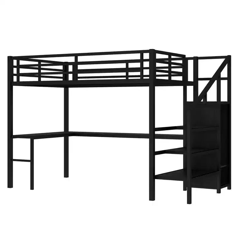 Letto a soppalco full size con scrivania a L e USB, letto a soppalco in metallo con armadio e ripiano regolabile, letto a soppalco alto con LED per bambini, adolescenti, adulti, nero