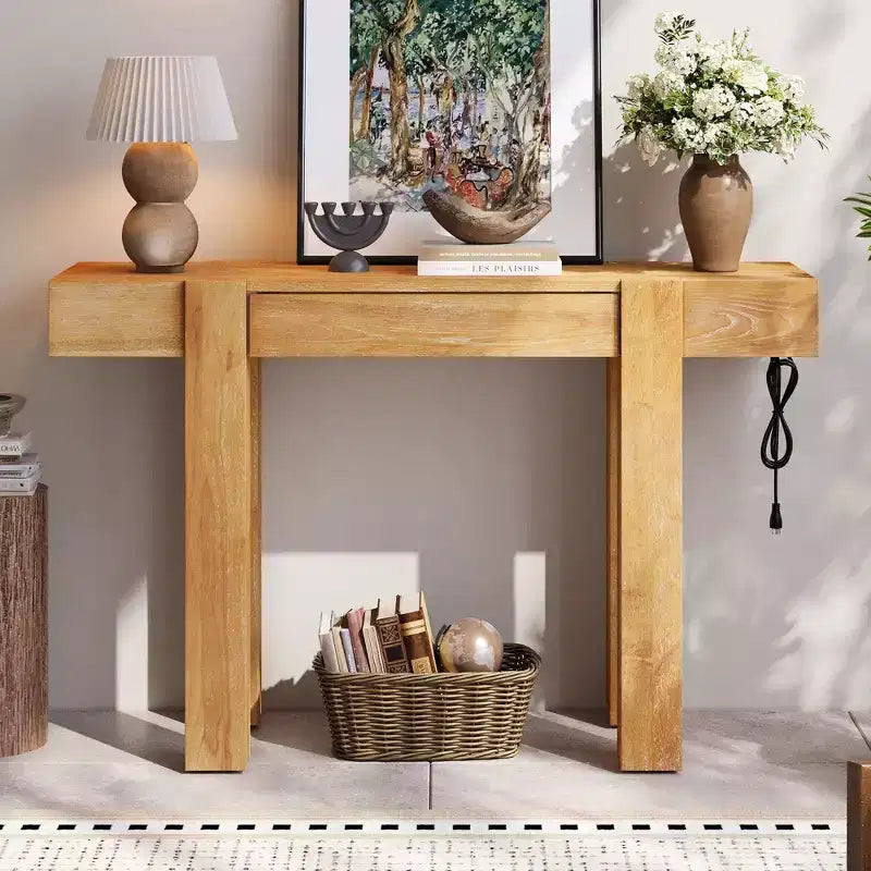 Tavolo Consolle Okak in Legno Rustico con Venature, Cassetto Portaoggetti, Tavolo da Divano Stile Fattoria, Tavolo da Bar per Soggiorno, Corridoio