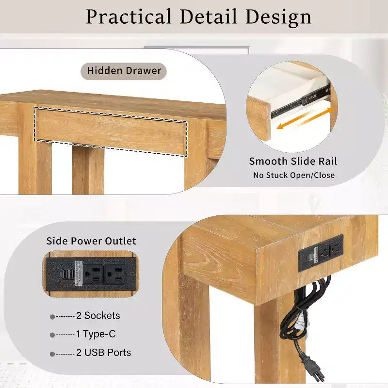 Tavolo Consolle Okak in Legno Rustico con Venature, Cassetto Portaoggetti, Tavolo da Divano Stile Fattoria, Tavolo da Bar per Soggiorno, Corridoio