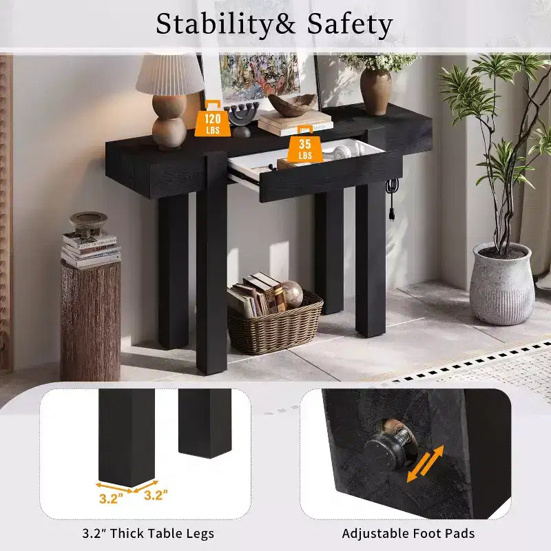 Tavolo Consolle Okak in Legno Rustico con Venature, Cassetto Portaoggetti, Tavolo da Divano Stile Fattoria, Tavolo da Bar per Soggiorno, Corridoio