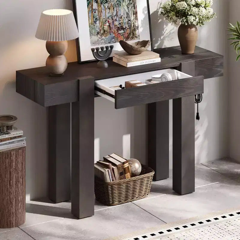Tavolo Consolle Okak in Legno Rustico con Venature, Cassetto Portaoggetti, Tavolo da Divano Stile Fattoria, Tavolo da Bar per Soggiorno, Corridoio
