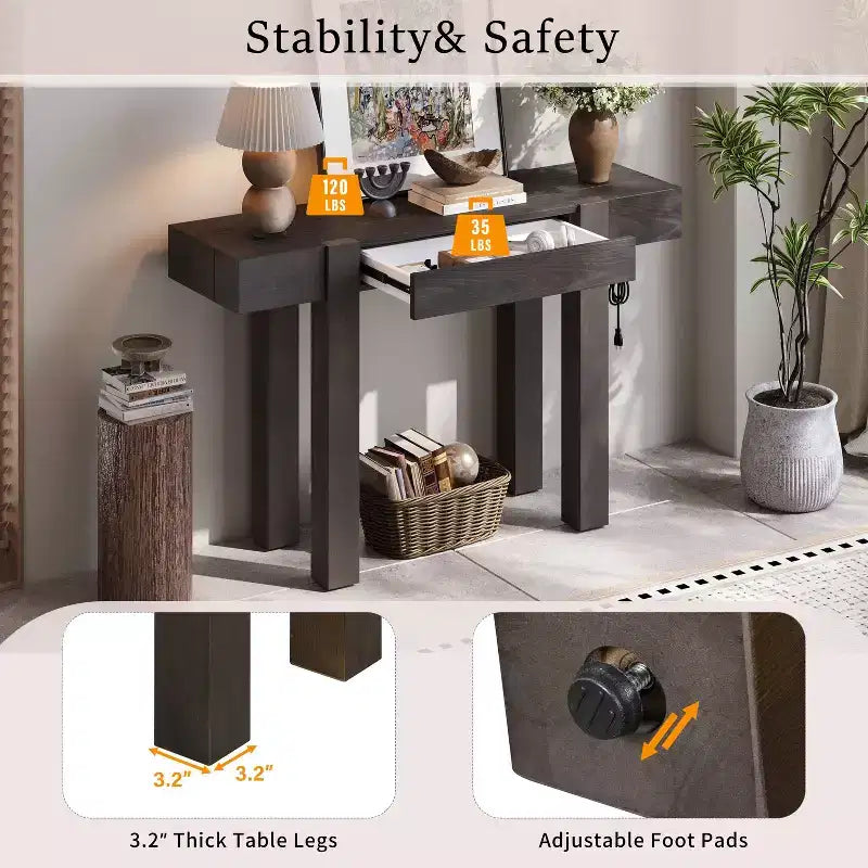 Tavolo Consolle Okak in Legno Rustico con Venature, Cassetto Portaoggetti, Tavolo da Divano Stile Fattoria, Tavolo da Bar per Soggiorno, Corridoio