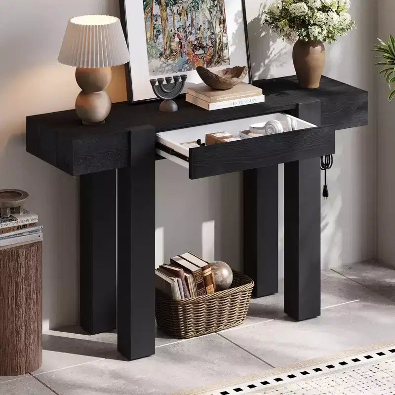 Okak Rustic Wood Texture Veneer Console Table with Storage Drawer,Farmhouse Sofa Table Bar Table for Living Room,Hallway