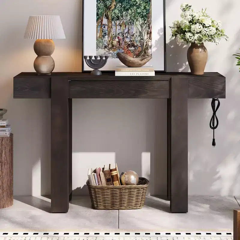 Tavolo Consolle Okak in Legno Rustico con Venature, Cassetto Portaoggetti, Tavolo da Divano Stile Fattoria, Tavolo da Bar per Soggiorno, Corridoio